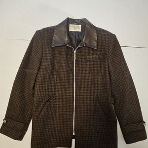 Vintage Wool Houndstooth Jacket with Leather Collar